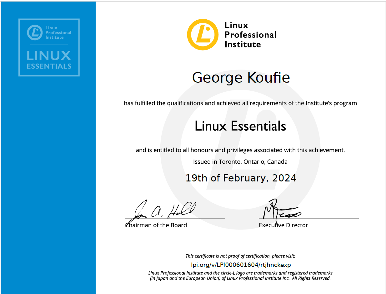 Linux Professional Institute Linux Essentials certificate issued to George Koufie, February 19, 2024. Verify at lpi.org/v/LPI000601604/rtjhnckexp.
